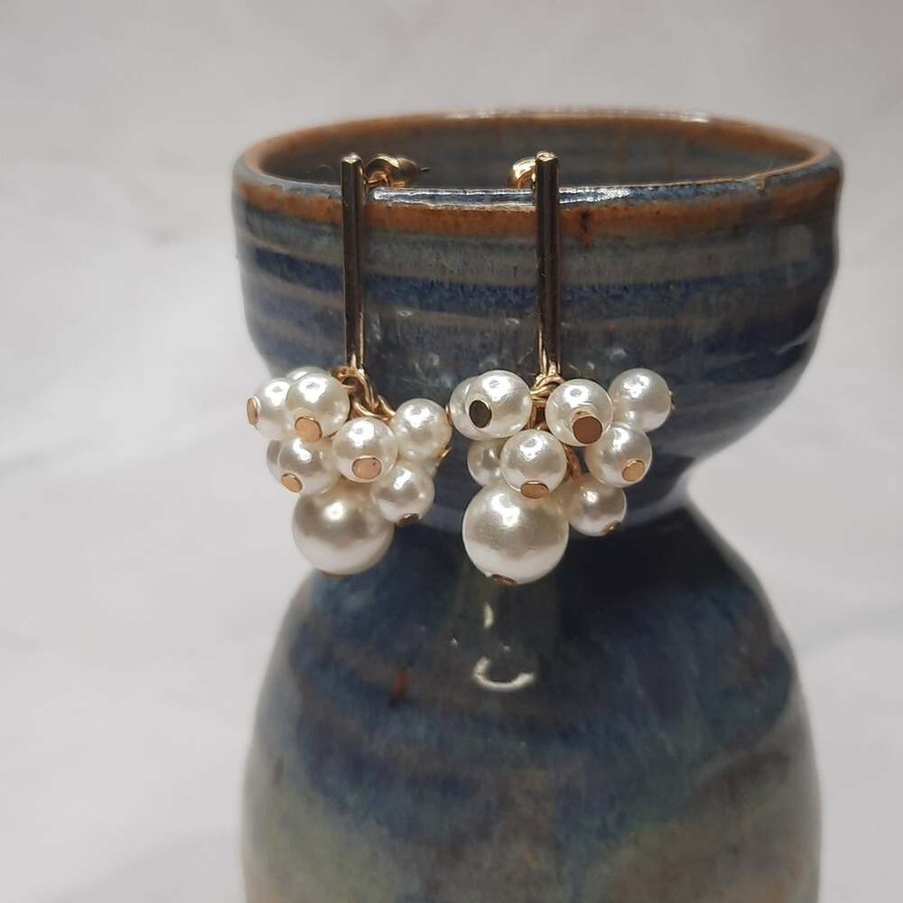 Gold and Faux Pearl Cluster Drop Earrings